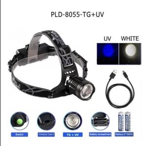 Ліхтар налобний PLD-8055- 2PM10-2TG (WHITE+UV), 2x18650, ЗУ Type-C, zoom, Box