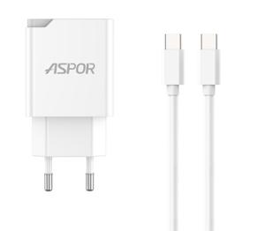 Мережевий зарядний пристрій Aspor A826 PD (USB/ USB-C/3A /20W) + кабель Type-C - Type-C- білий 