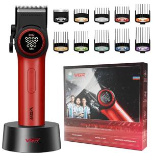 Акумуляторна машинка для стриження (clipper) VGR V-001 RED, 10 насадок, 9000 RPM, 4600 mAh, LED light, LED display