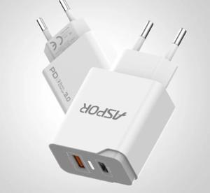 Мережевий зарядний пристрій Aspor A826 PD (USB/USB-C/ 3A/20W) + USB кабель Micro-  білий