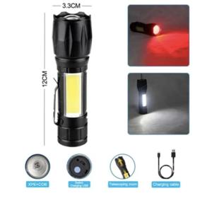 Ліхтар W601-XPE (red) +COB (white), (ЧЕРВОНЕ СВІТЛО) Li-lon акум., 3У microUSB, zoom, Box