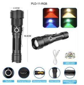Ліхтар PLD-11-4XPE (RGB), ЧЕРВОНЕ СВІТЛО 1х18650, ЗУ microUSB, zoom, Box